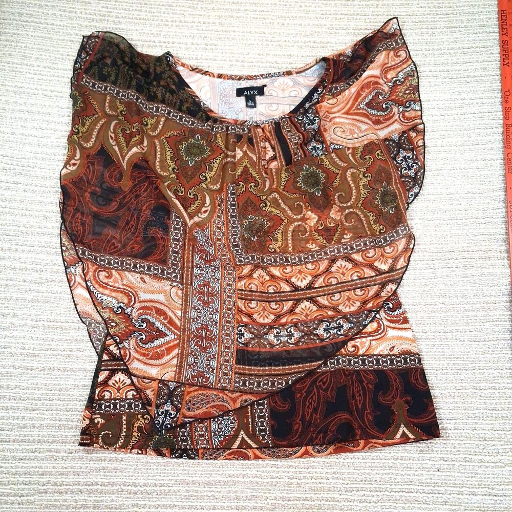 ALYX Womens L Paisley Patchwork Sheer Layered Ruffle Sleeve Boho Blouse Top Rus